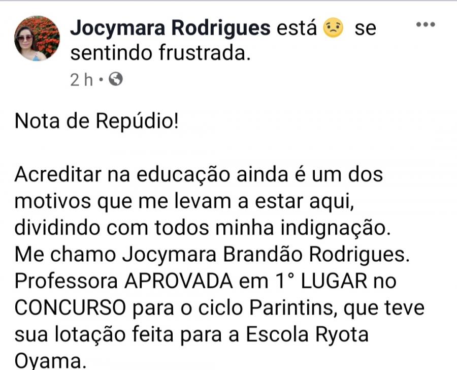 1º lugar no concurso público, professora protesta em não ter sido lotada para dar aula 1º lugar no concurso público, professora protesta em não ter sido lotada para dar aula