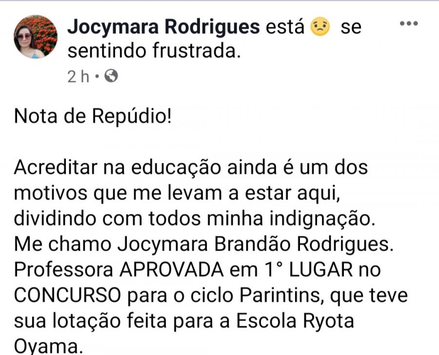 1º lugar no concurso público, professora protesta em não ter sido lotada para dar aula