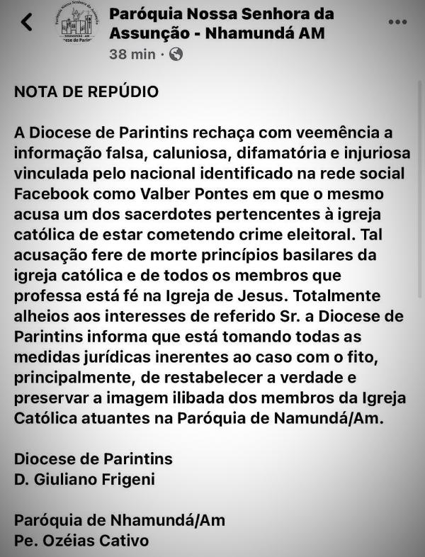 Segurança do prefeito de Nhamundá ataca pároco de crime eleitoral e bispo da Diocese rechaça