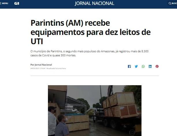 Jornal Nacional repercute chegada de equipamentos para UTIs de Parintins