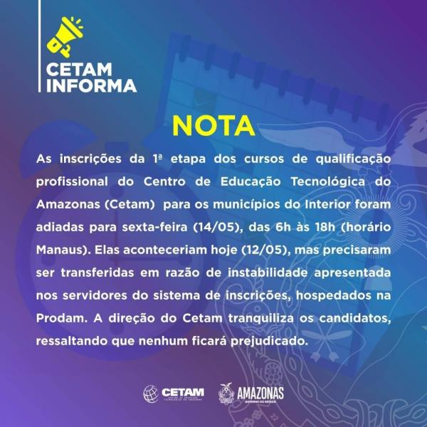 Cetam transfere data de inscrição para 30 mil cursos para o interior