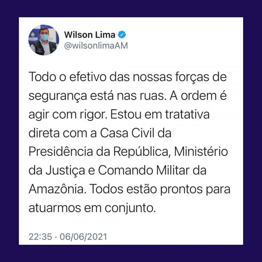 Wilson Lima diz que Exército poderá atuar contra a criminalidade